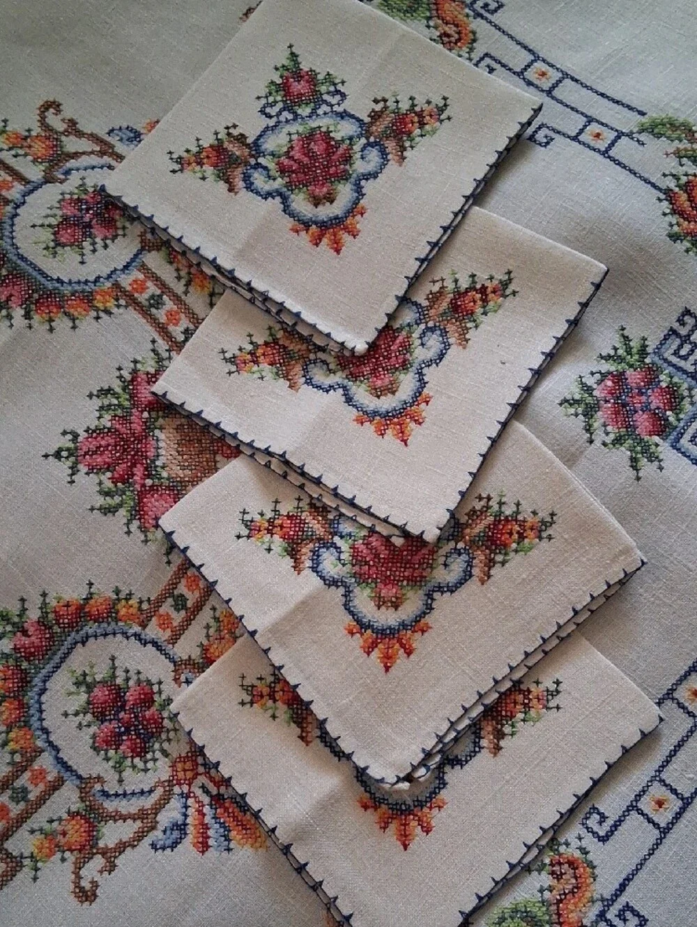 Vintage Cross-stiched Floral Table Linen Set - Cream with Pink & Green Accents